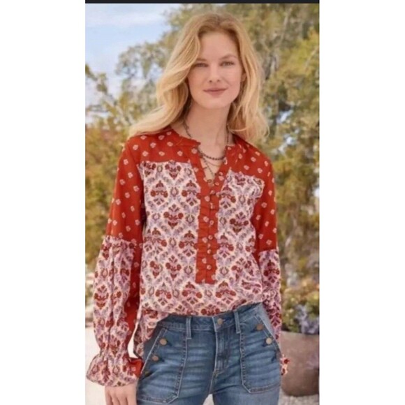 Sundance Floral Button Placket Boho LS Peasant Shirt Blouse Small Gorgeous! - Picture 1 of 5